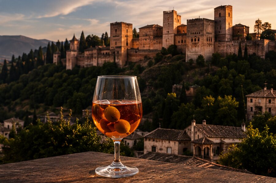 Copa de vermut con la Alhambra de Granada al fondo.